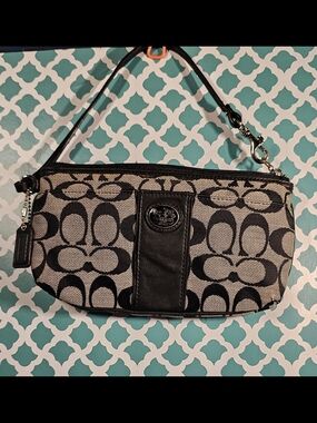 Coach Signature Black/Grey Wristlet Zip Pouchette with Wrist Strap